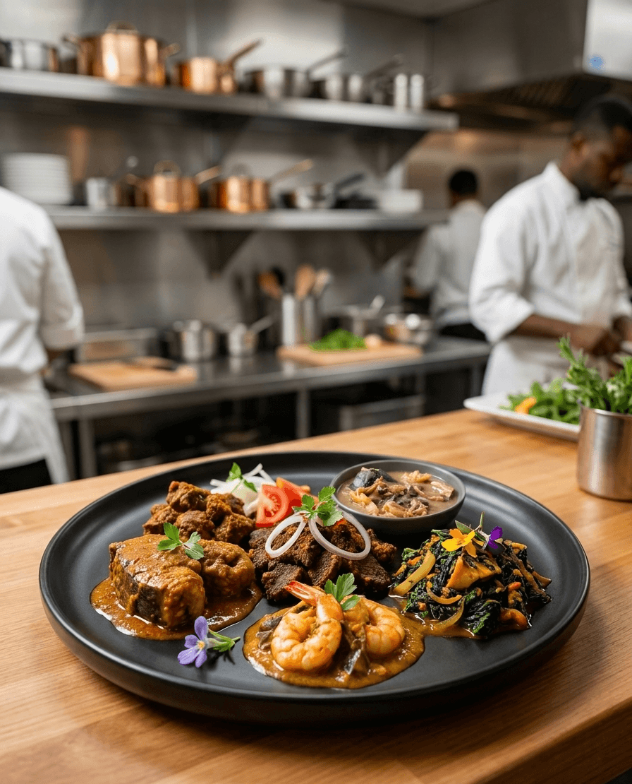 Cook4Me chefs at work — a plate of slow-cooked African dishes plated in a professional kitchen